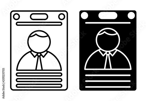 Linear icon. Plastic badge with a person photograph and personal information for identification at a restricted area. Simple black and white vector symbol isolated on white background