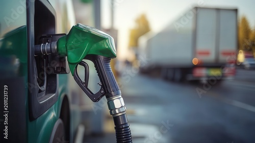 Fuel nozzle refueling a green vehicle with a truck in the background