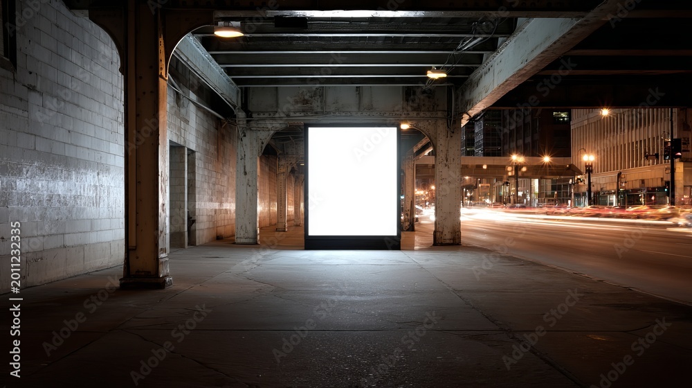 Fototapeta premium Blank illuminated billboard standing inside a dark urban tunnel for advertising display and promotional use