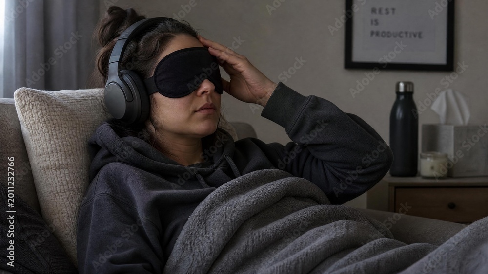 Obraz premium Young Woman Relaxing at Home with Sleep Mask and Headphones for Mental Health and Migraine Relief