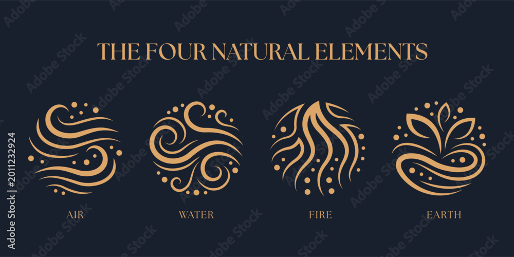 Obraz premium The Four nature elements fire water air and earth with gold smooth curve line and dot circle shape on dark blue background vector design