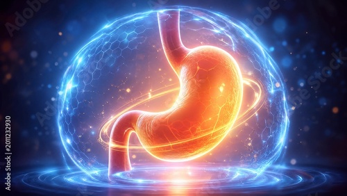 3D Illustration of Human Stomach with Protective Energy Shield for Gut Health Concept