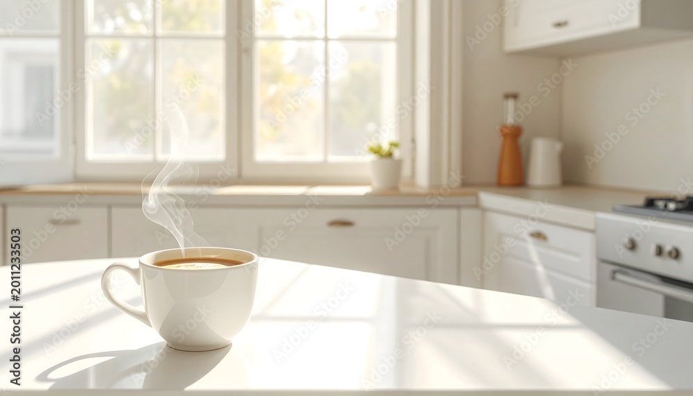 Naklejka premium Authentic morning coffee at home, handheld candid, soft daylight through window,copy space on countertop, natural skin tones, subtle film grain, brand-safe kitchen,UGC vibe but premium, stock-ready 