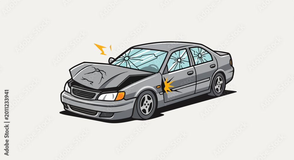Obraz premium Damaged silver sedan with cracked windows and bent hood