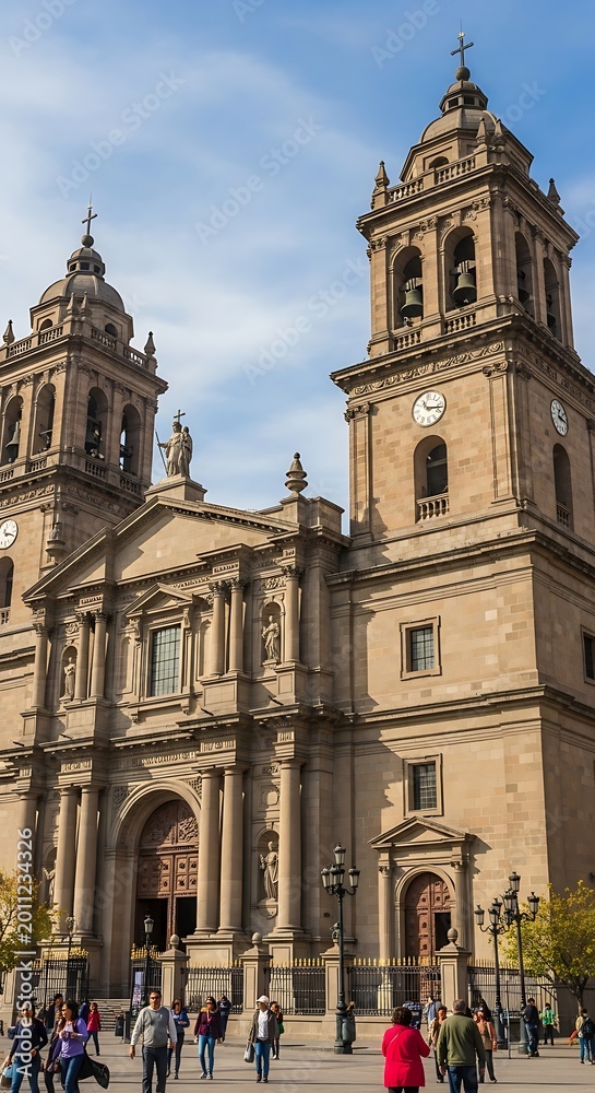 Obraz premium Historic Stone Cathedral Standing with Twin Bell Towers in Urban Plaza