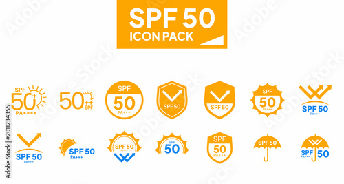 Quadro su tela SPF 50 icons illustrating sun protection ultraviolet shielding for cosmetic pack