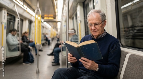 Elderly man reading a book while sitting on subway seat indoors  