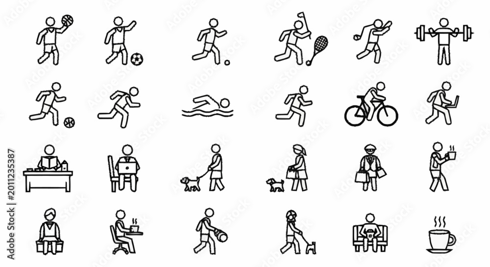 Naklejka premium Collection of simple line art icons representing various human activities and sports.