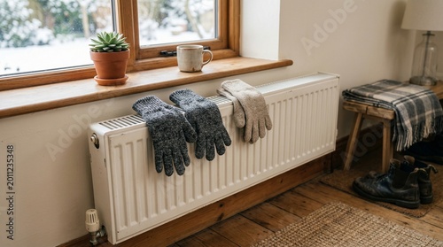 Three pairs of gloves drying on a radiator by the window in winter  