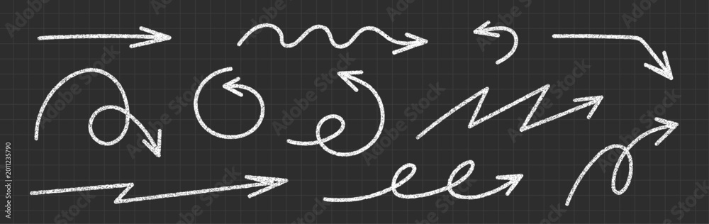 Naklejka premium Hand drawn arrow set with rough brush strokes and sketch element. Crayon scribble texture. Doodles with chalks. Pastel pencil. Curved and swirl arrows. Vector illustration