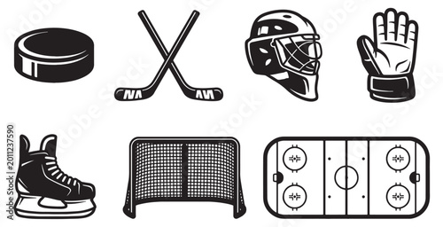 Photography Ice Hockey Equipment Icon Set with Puck Sticks and Rink Layout