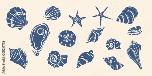 Flat vector blue seashells and starfish illustrations