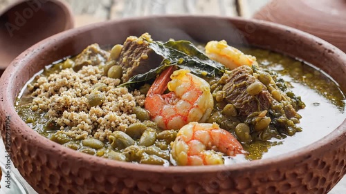 Delicious Gumbo with Shrimp and Meat in a Rustic Bowl.