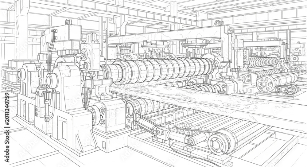 Obraz premium Large industrial machine operates in a factory setting with various components.