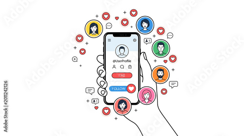 Social media concept hand holding a smartphone showing user profiles and notifications with hearts and likes symbolizing connection and engagement