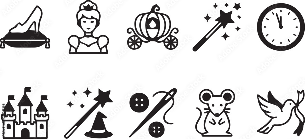 Naklejka premium Cinderella Fairy Tale Icon Set, Magic Princess Story Symbols, Black and White Flat Design, Glass Slipper Pumpkin Carriage and Castle Illustrations