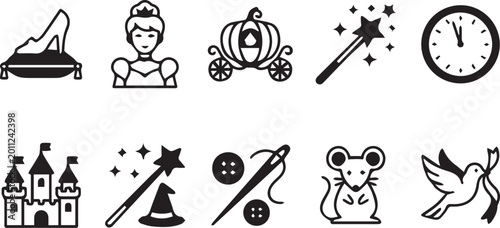Bilde på lerret Cinderella Fairy Tale Icon Set, Magic Princess Story Symbols, Black and White Fl