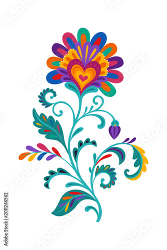 Mexican folk embroidery abstract flower object with curly leaves and ornate leaf. Hispanic culture plant element, Latin American folk nature vector object. Mexican ethnic flower isolated decoration
