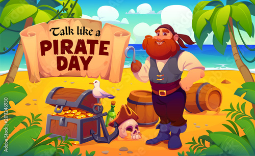 Bilde på lerret Pirate Day banner of cartoon corsair standing on treasure island beach