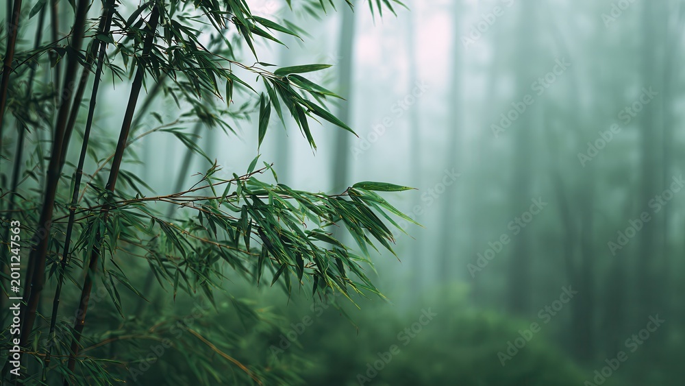 Fototapeta premium Close up view of fresh bamboo leaves against a dreamy, soft green forest background in mist