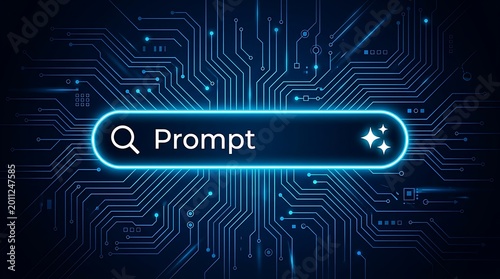 Digital search interface with the word prompt and shimmering stars on a futuristic blue circuit board background