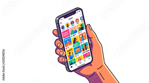 Illustration of a hand holding a smartphone displaying colorful social media posts, showcasing digital content and online interaction