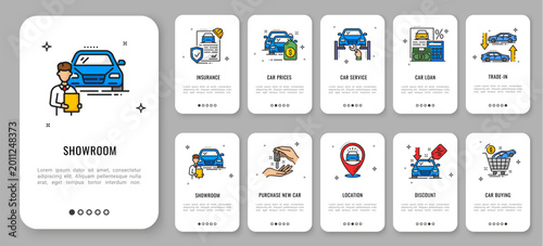 Dealership mobile app onboarding screen, car sale and service line icons, showing showroom options for insurance, pricing, service, loan, trade in and purchase. Ui for automotive websites and apps