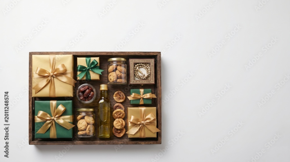 Obraz premium Elegant gourmet food gift box with various treats and presents on white background.