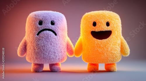 Cute emotional contrast characters showing sadness and happiness side by side, symbolizing mental health, friendship, empathy, emotional support, mood balance and psychological wellbeing