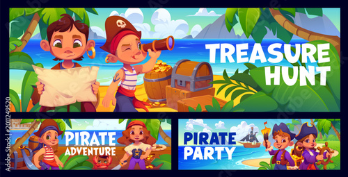 Foto Funny cute kid pirates banners of corsair boys and girls characters with sail ship, treasure island map and chests