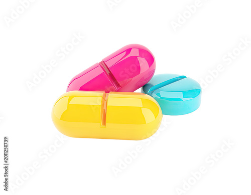 Three Colorful Pills on White Background