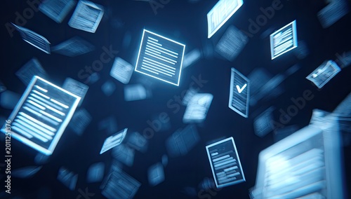 Luminous documents and forms drift through a dark, digital space