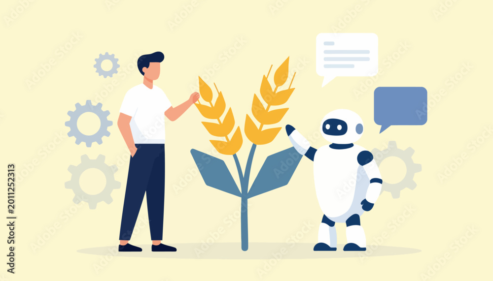 Fototapeta premium Revolutionizing agriculture A man and robot collaborate to nurture crops, symbolizing the integration of AI for smart farming and sustainable food production