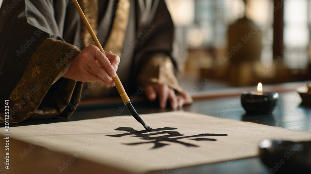 Obraz premium close-up hands of senior calligrapher holding bamboo brush above rice paper, ink stone freshly ground, single character mid-stroke, candlelight reflecting on lacquered desk surface, East Asian tradi