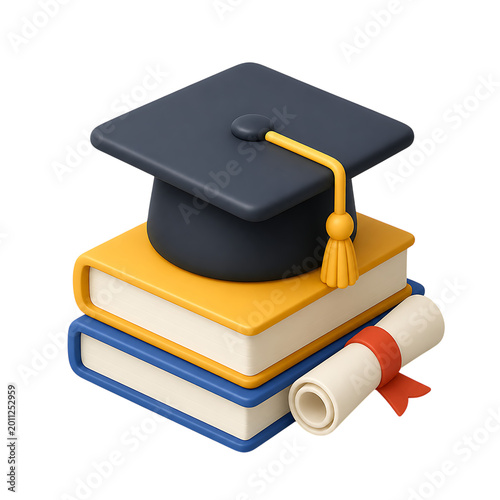 Graduation cap stacked on books with red ribbon on white background