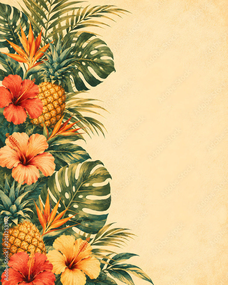 Fototapeta premium Vintage Tropical Pineapple Hibiscus Side Border Background