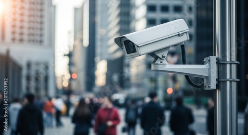 Surveillance camera mounted on city street pole. Outdoor security system monitoring crowds of people. Urban public safety and privacy technology for investigation and crime prevention.