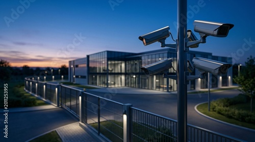 Security camera monitoring modern office building exterior at night. Surveillance system protecting corporate property. Industrial safety, crime prevention and digital electronic monitoring.