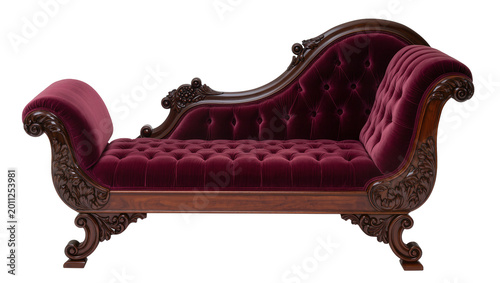 Konstfotografi Ornate dark wood chaise lounge with deep red velvet upholstery tufted seat, isol