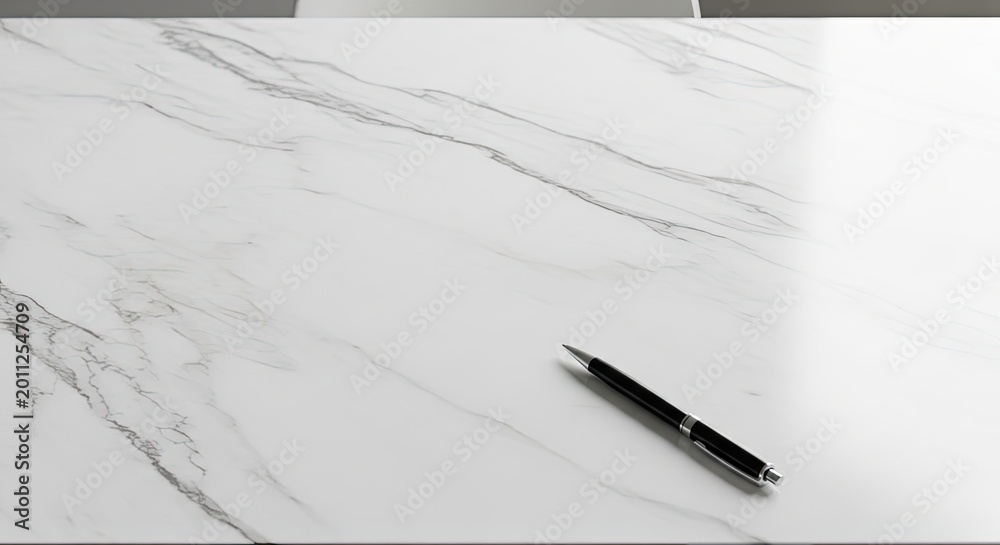 Naklejka premium Minimalist Overhead View of a Black Pen on a White Marble Surface.