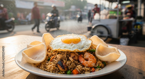 A delicious gourmet Chinese cuisine featuring healthy rice, pork, and fresh green vegetables served as a meal on a restaurant table, market counter, and plate