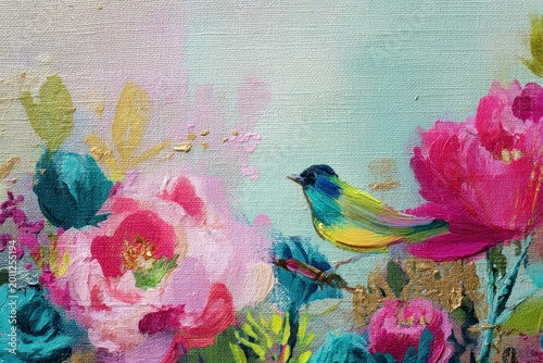 Vibrant spring palette: bird and blossoms in modern abstract oil painting