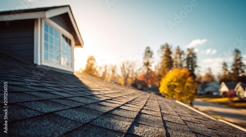 Warm daylight on a residential roof: textured asphalt shingles and a bright window