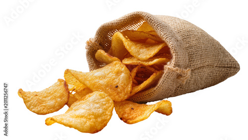 Photos Crispy potato chips spilling from a burlap sack, isolated on transparent backgro