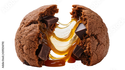 Photos Chocolate cookie with chunks of dark chocolate and gooey caramel, isolated on tr