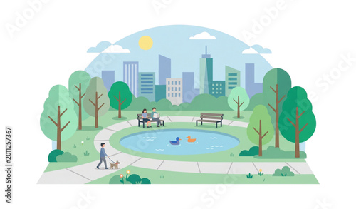 Foto Serene city park with pond and urban skyline