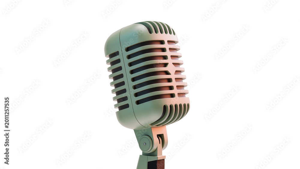 Fototapeta premium Retro dynamic microphone with chrome grille and stand, isolated on transparent background