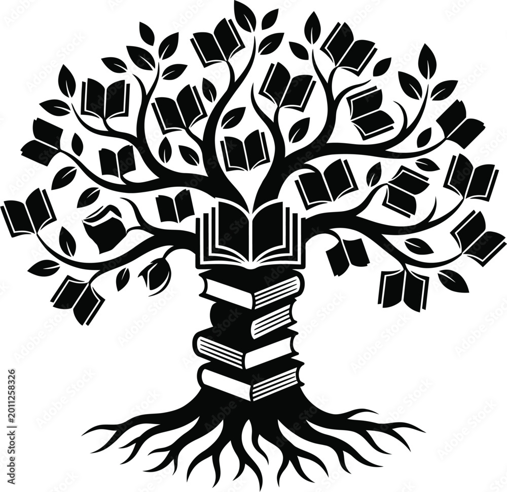Fototapeta premium Black and white illustration of a tree made of stack of open books Vector book illustration