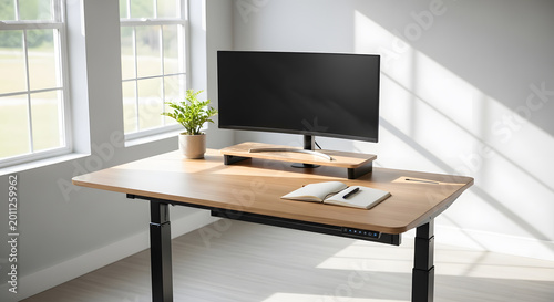 Modern ergonomic standing desk with a computer monitor, a small potted plant, and a notebook on a light wood desktop in a bright home office