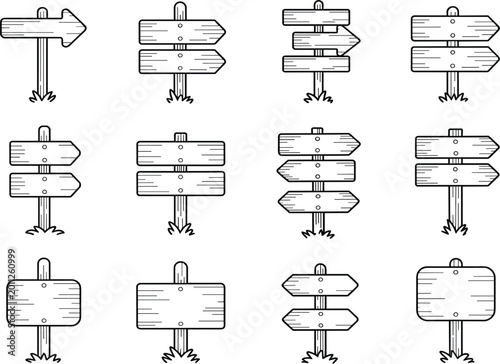 Set of wooden directional signpost icons in outline style, blank timber boards and arrows isolated on white background